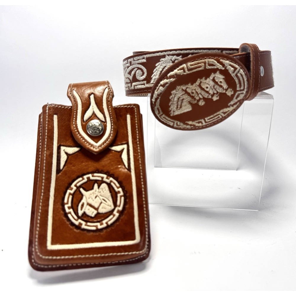 Western Piteado Style Belt & Holster Horse & Steer Embroidered Set